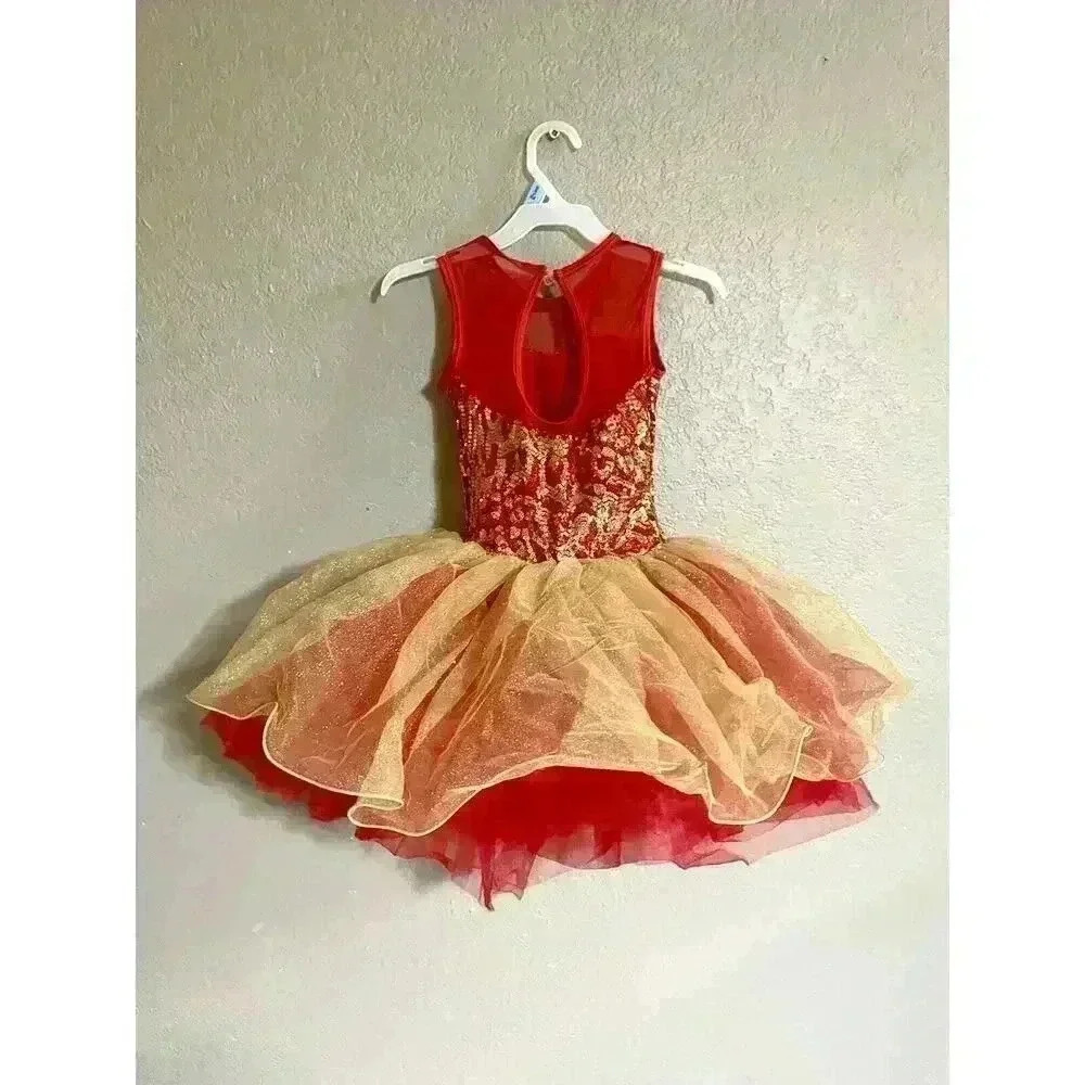 Dance Costume Child Small Red Gold Ballet Dance Sequin Tutu Dress‎ - Picture 4 of 9